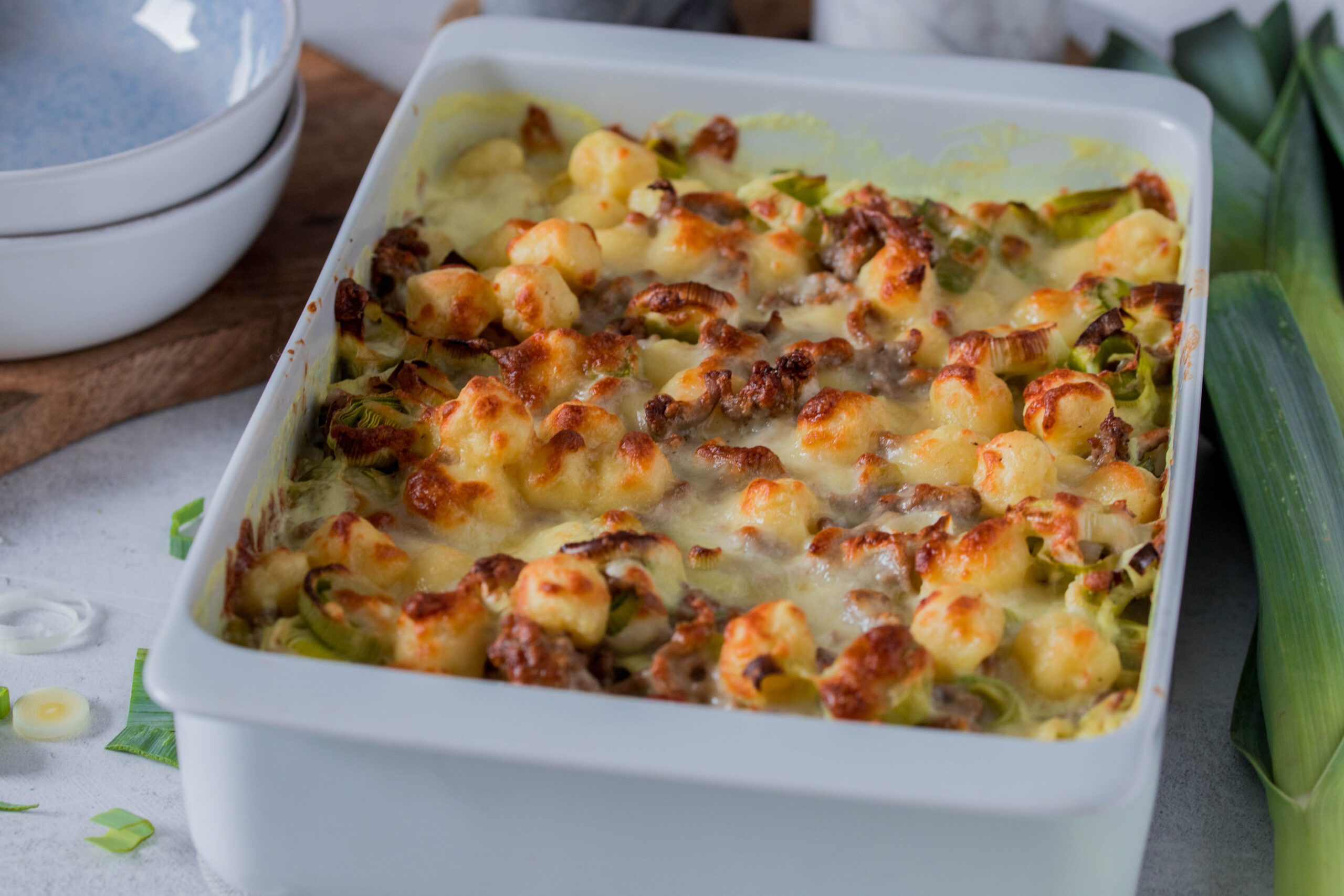 Schnelles Mittagessen: Gnocchi Auflauf mit Hackfleisch und Lauch
