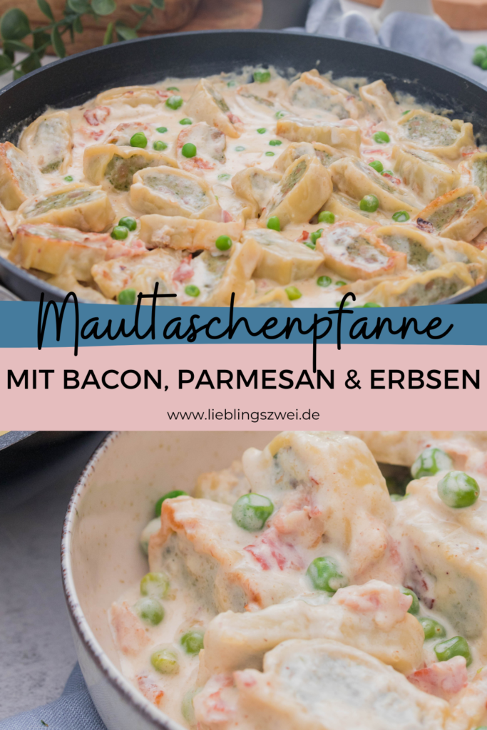 Maultaschenpfanne mit Bacon, Erbsen und Parmesan Maultaschenpfanne mit Bacon, Erbsen und Parmesan